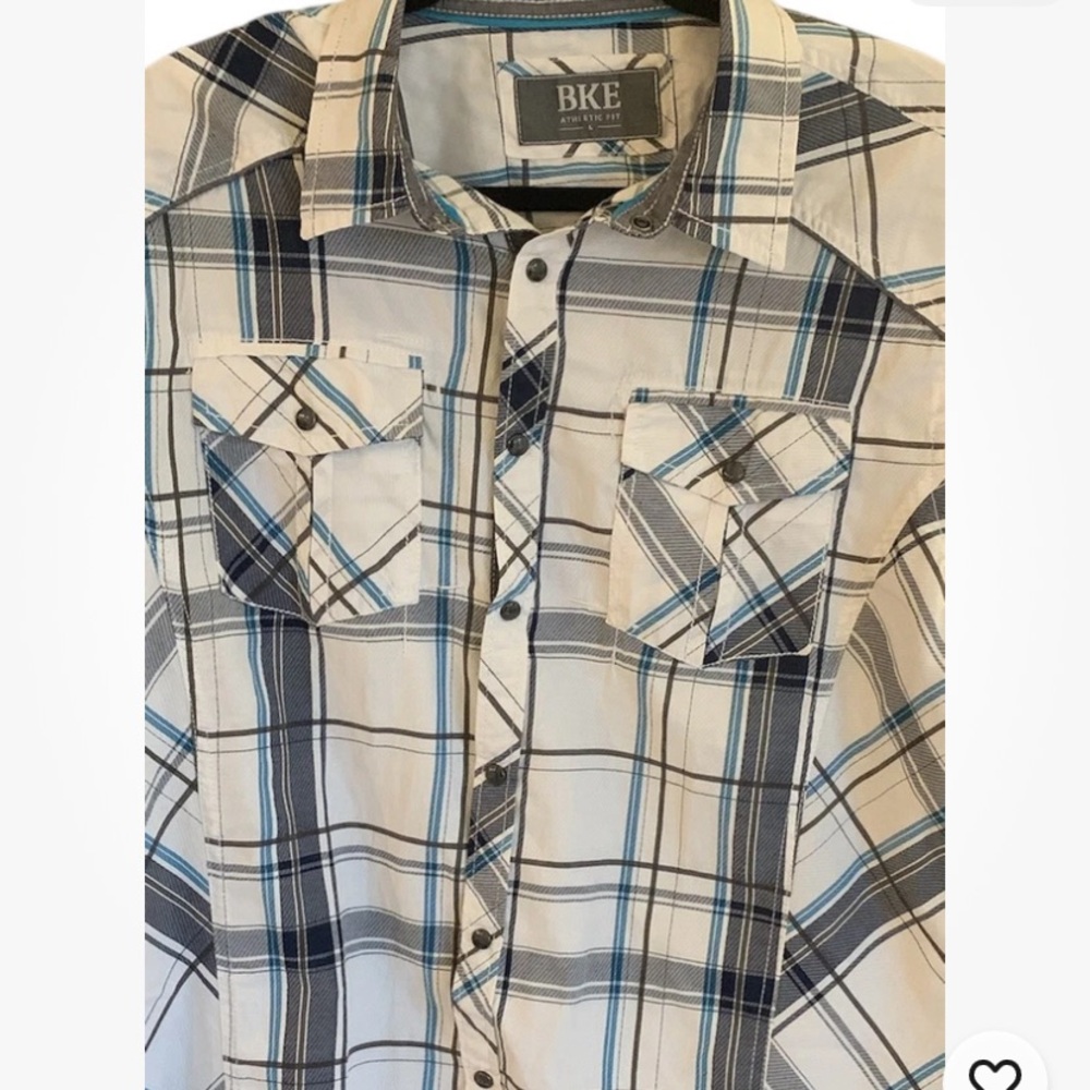 BKE Shirt Men’s Blue White L Athletic Fit Plaid Short Sleeve Pearl Snap Western - Picture 4 of 11